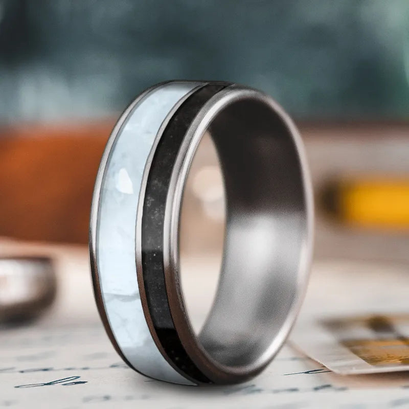 Unique men’s rings with fossil inlay designs -Custom Design - 2-Inlay Offset Ring UDyKbaBucmbtcZ5FQWCfO2DJ