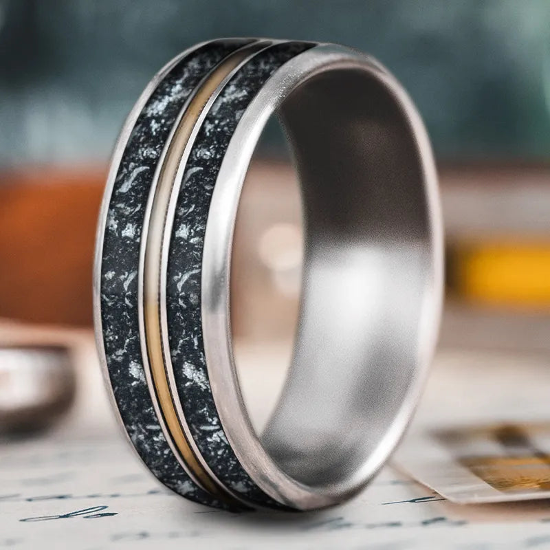 Thin black men’s rings for discreet wear -Custom Design - 3-Inlay Metal Center Ring tGJa6Lnpw5kz3F6Qcw5gHZqC