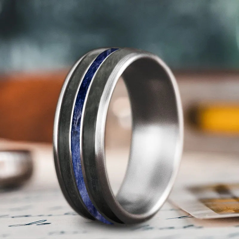 Minimalist men’s rings with smooth satin finish -Custom Design - 3-Inlay Narrow Center Ring _eII1zQUGQjXzxvfWEpyH7Xn