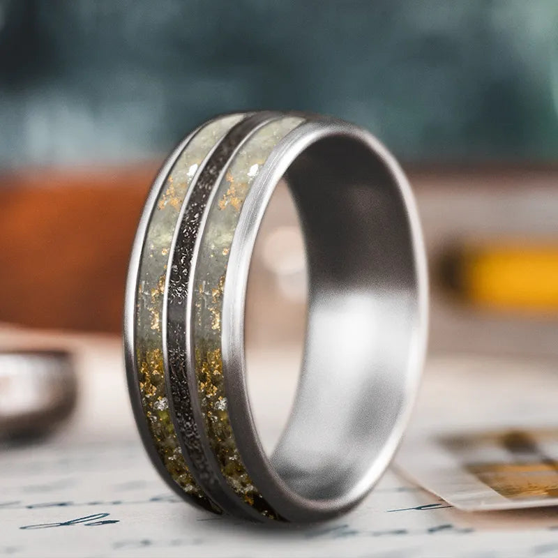 Rugged gold men’s rings for outdoor appeal -Custom Design - 3-Inlay Narrow Center Ring N_-dHei9EFADifb3IE7ONB-9