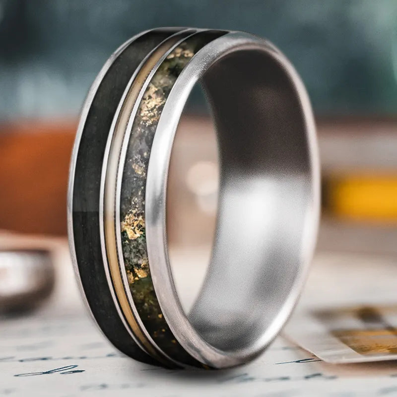 Vintage men’s rings with oxidized metal finish -Custom Design - 3-Inlay Metal Center Ring NfLB2x_AwurSKXEmsV_-F_8t