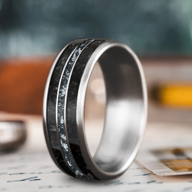 Industrial men’s rings with raw metal edges -Custom Design - 3-Inlay Narrow Center Ring e2-r87fuWt5gSHwSshiJHkOK