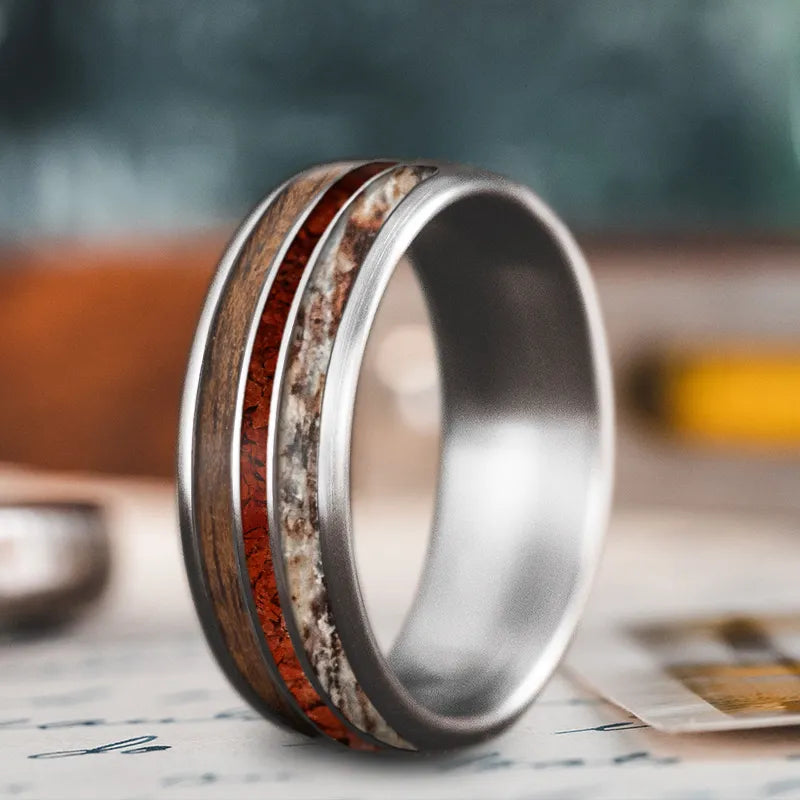 Matte silver men’s rings for modern cool -Custom Design - 3-Inlay Narrow Center Ring iO_tWktkm3pE2XWzQtMCteR7