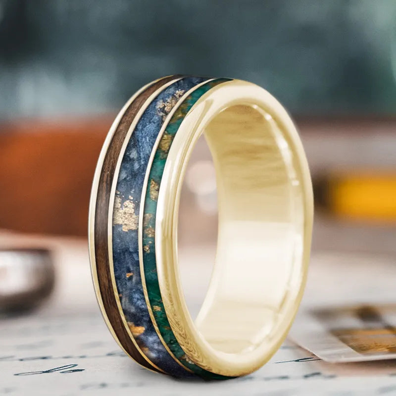 Durable wooden men’s rings for green living -Custom Design - 3-Inlay Wide Center Ring 1hB8a8_9Yq4TPJbtadAZ7Kzw