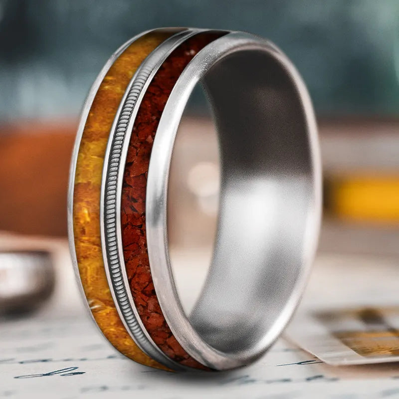 Handmade wooden men’s rings for earthy tones -Custom Design - 3-Inlay Metal Center Ring y8LOZ4ixesi5lkoLyltYNfAb