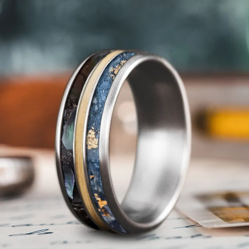 Stylish silver men’s rings with engraved designs -Custom Design - 3-Inlay Narrow Center Ring RWKoq14sZEK4usD7R0hOAAtL