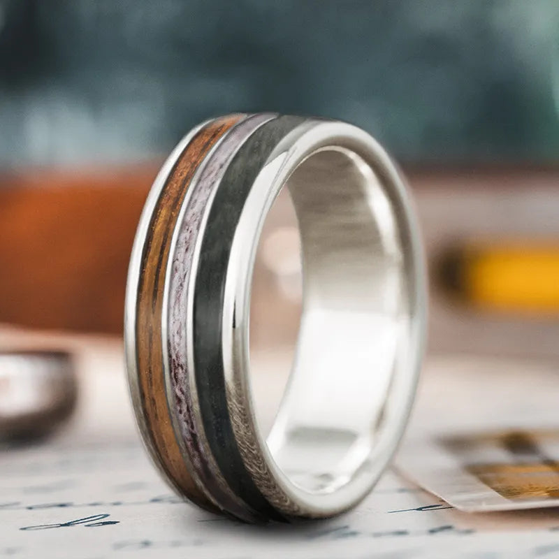 Minimal men’s rings with polished edge shine -Custom Design - 3-Inlay Narrow Center Ring T8M_RUkKPQnNPaKyZqGq_d9F