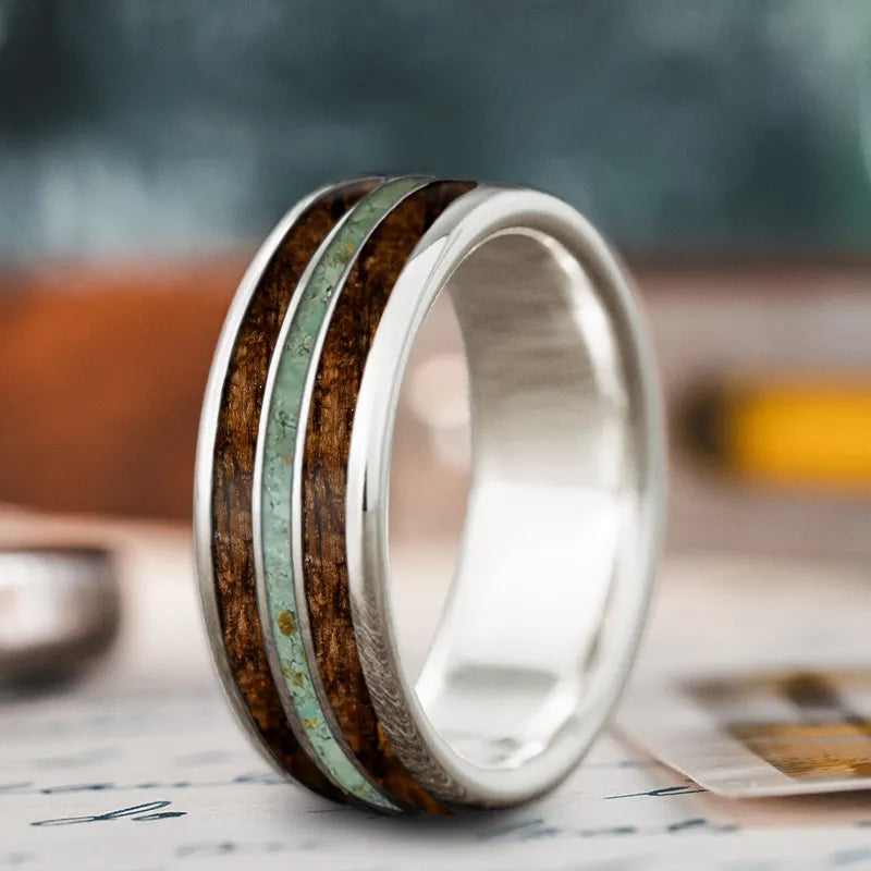 Handcrafted men’s rings with leather band accents -Custom Design - 3-Inlay Narrow Center Ring EoDHvE8_NPMTDmitEaQbolj6