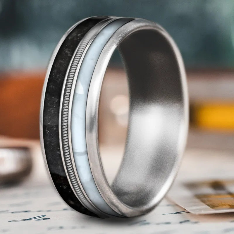 Rugged men’s rings with hammered finish details -Custom Design - 3-Inlay Metal Center Ring I0upSz_X4dps4r7fgfAkT-rz