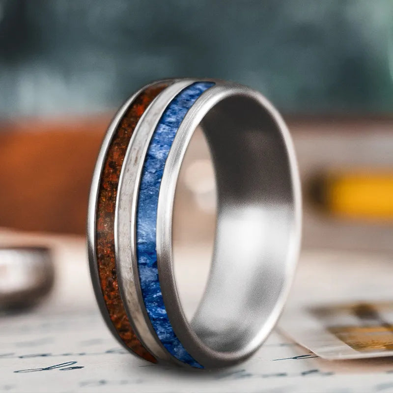 Handcrafted men’s rings with leather band accents -Custom Design - 3-Inlay Narrow Center Ring JZeiUJcKRzdN5IxBrwgqvsiF