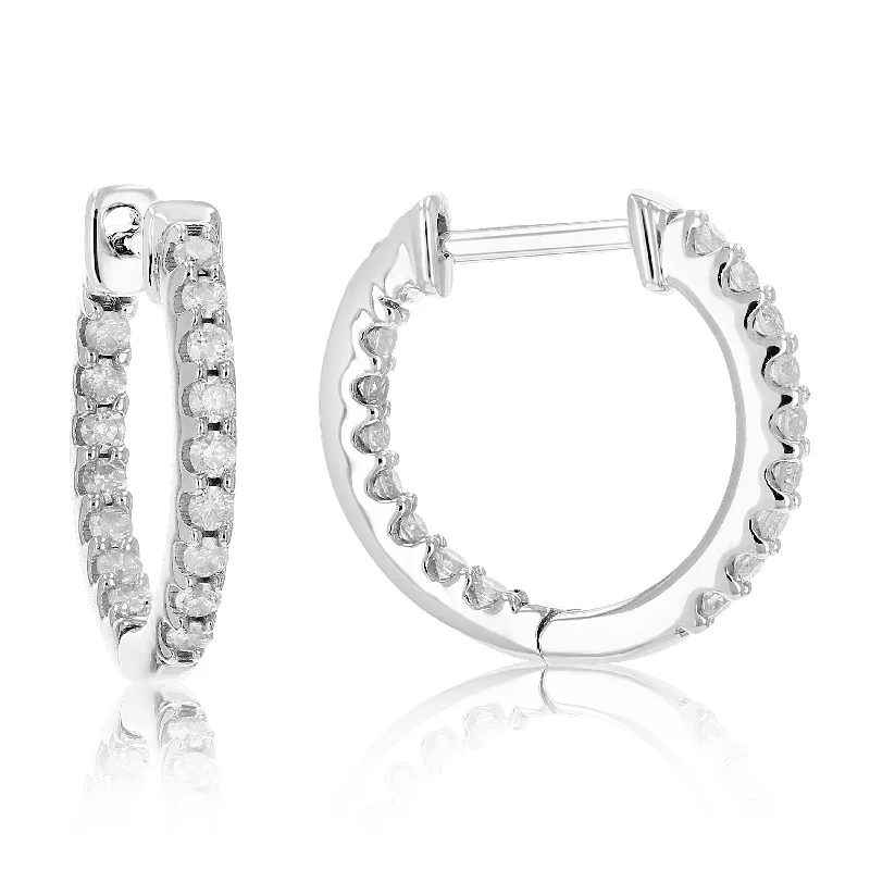 Large hoop earrings for a bold and statement-making fashion accessory-1/5 cttw Inside Out Diamond Hoop Earrings .925 Sterling Silver 32 Stones 1/2 Inch Prong Set