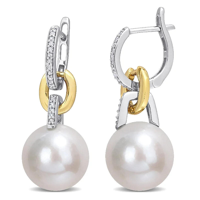 Best hoop earrings with sterling silver for an affordable and chic design-11-12 MM Freshwater Cultured Pearl & 1/10 CT TW Diamond Huggie Earrings in 2-Tone 14k Yellow and White Gold