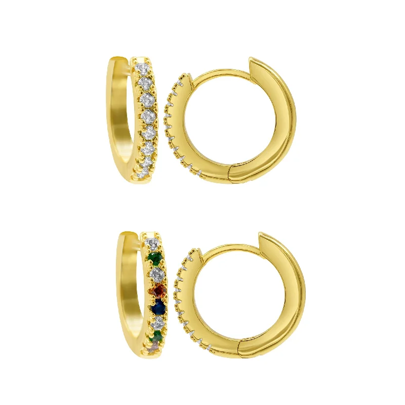 Best hoop earrings with geometric pendants for a modern, chic appeal-14K Gold Plated Set Of Plain And Rainbow Huggie Hoop Earrings