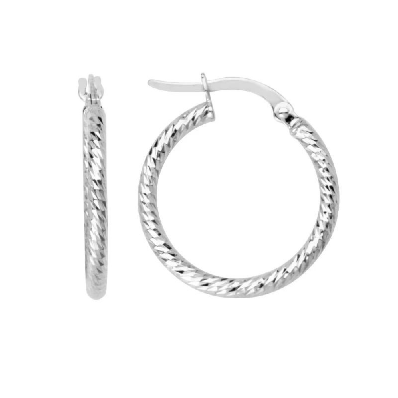 Hoop earrings with diamond-cut surfaces for added sparkle and shine-14k White Gold Round Tube Hoop Earrings 15mm Diamond-cut Finish