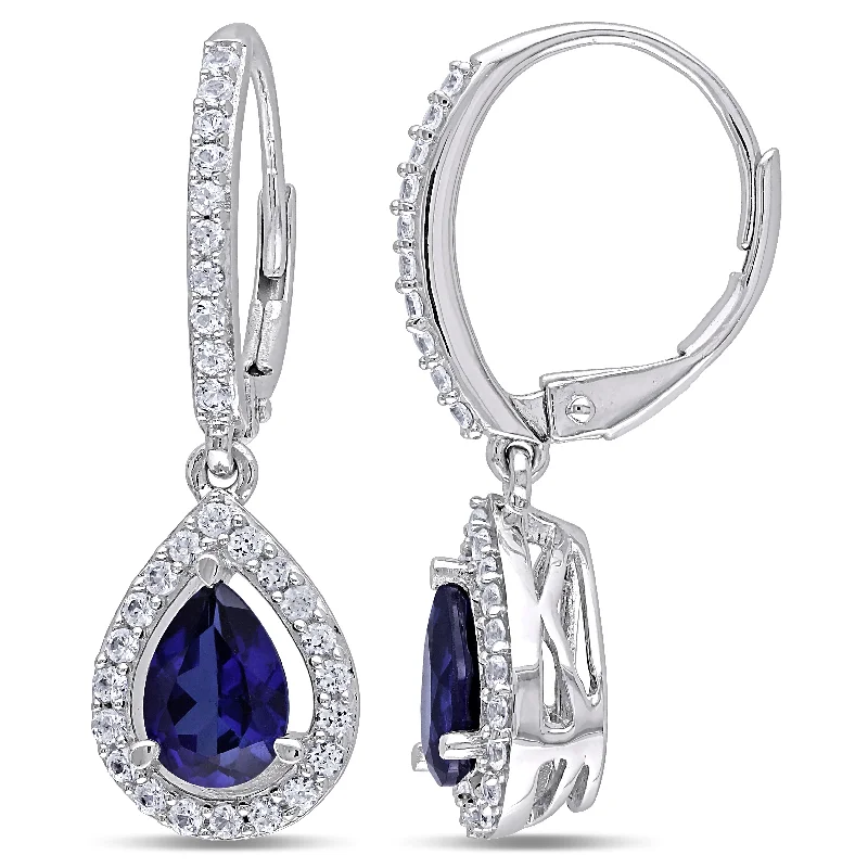 Best hoop earrings with snake chain details for a sleek and modern touch-2 7/8 CT TGW Created Blue and White Sapphire Teardrop Leverback Earrings in Sterling Silver