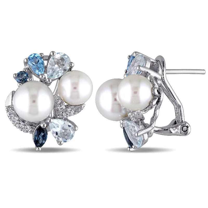 Best hoop earrings with delicate chain details for a trendy and stylish design-3 1/2 CT TGW Created White Sapphire, Multicolor BlueTopaz and White Cultured Freshwater Pearl Cluster Earrings in Sterling Silver