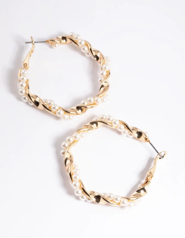 Best hoop earrings with baroque pearls for a luxurious and elegant vibe-Gold Pearl Twist Hoop Earrings