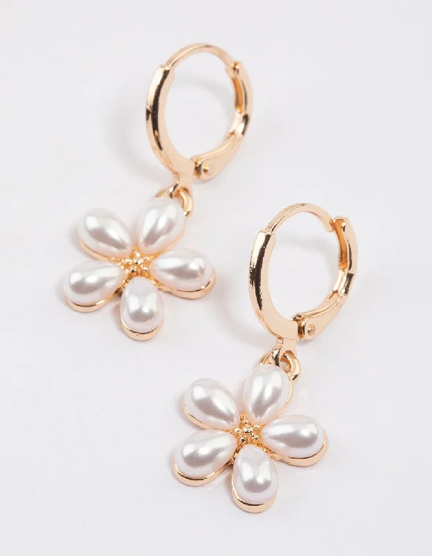 Hoop earrings with snake print designs for an edgy, wild appearance-Gold Pearl Flower Huggie Earrings