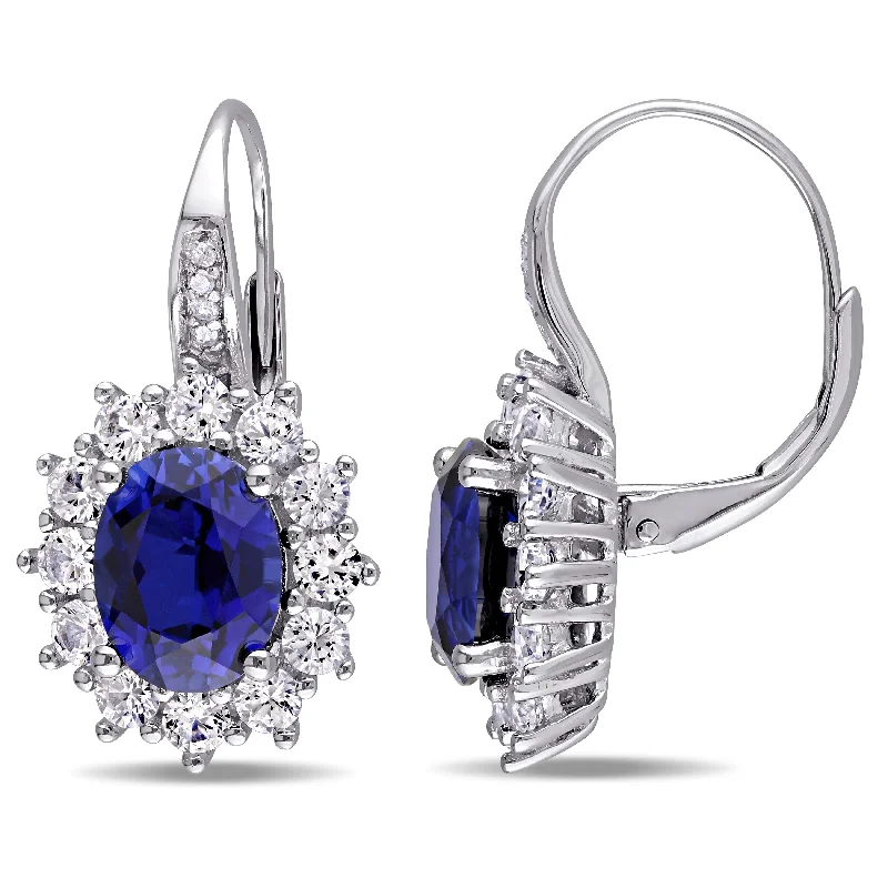 Best hoop earrings with delicate chain details for a trendy and stylish design-8.06 CT TGW Created Blue and White Sapphire and Halo Diamond Leverback Earrings in Sterling Silver