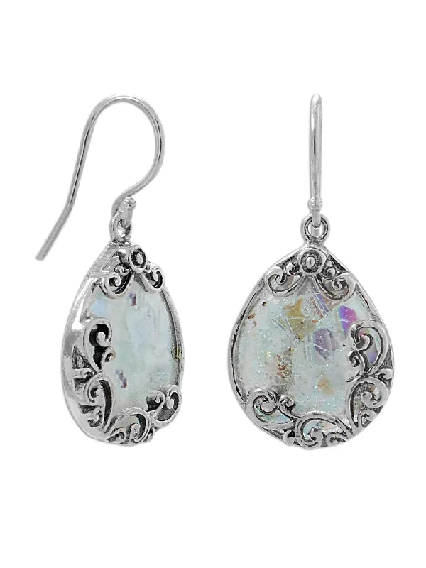 Hoop earrings with leather accents for a sleek and bold combination-Ancient Roman Glass Earrings Filigree Design Handcrafted Sterling Silver