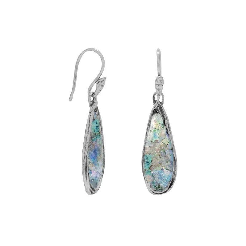 Hoop earrings with enamel stripes for a colorful and eye-catching design-Ancient Roman Glass Earrings Teardrop Shape Sterling Silver