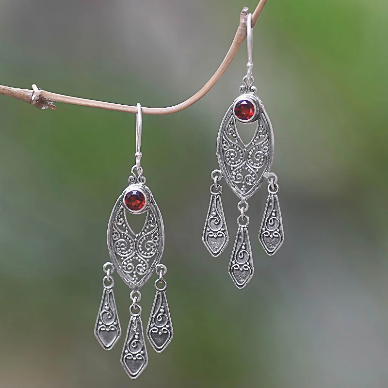 Hoop earrings with faceted crystals for added sparkle and shine-Balinese Wind Chime Handcrafted Garnet Chandelier Earrings in Sterling Silver