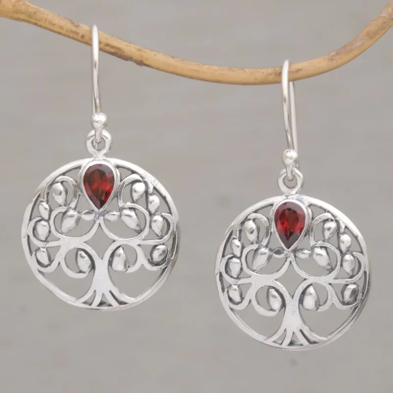 Best hoop earrings with detachable studs for a versatile and adjustable accessory-Banyan Beauty Balinese Garnet and Sterling Silver Tree Dangle Earrings