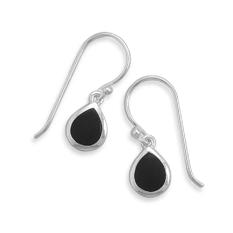 Hoop earrings with cut-out designs for a creative and lightweight effect-Black Onyx Inlay Teardrop Shape Sterling Silver Earrings