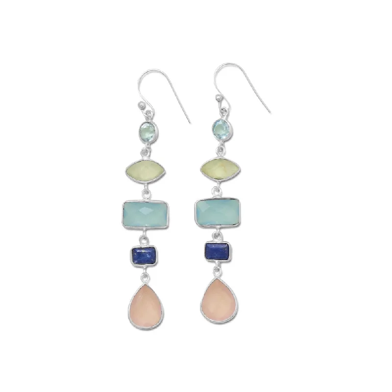 Hoop earrings with intricate designs for a unique and artistic appearance-Blue Topaz Prehnite Chalcedony Lapis and Rose Quartz Dangle Earrings Sterling Silver