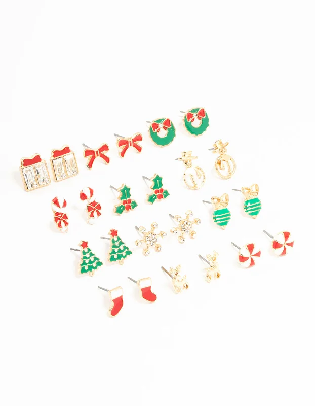 Best hoop earrings with smooth ceramic finishes for a polished, clean style-Candy Cane & Bow Gold Earrings 12-Pack