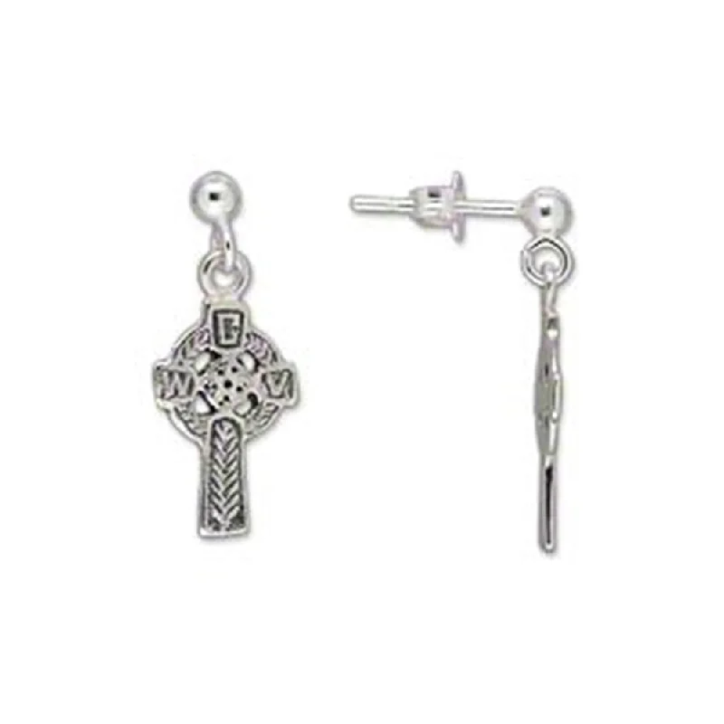 Hoop earrings with dangling charms for a playful and fun look-Celtic Cross Dangle Earrings Sterling Silver Catholic War Veterans Symbol