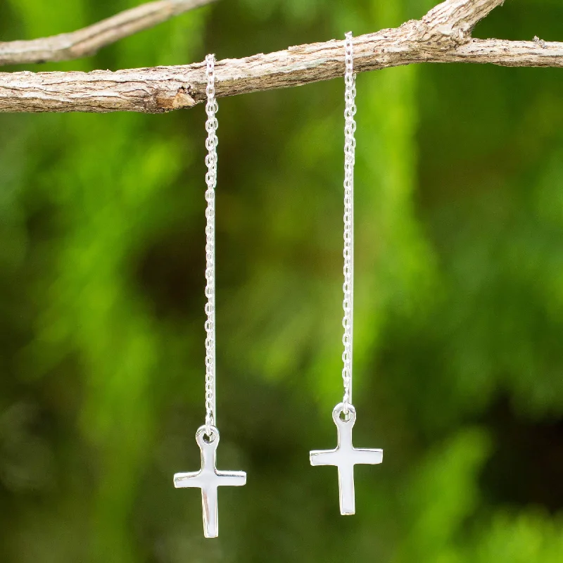 Medium hoop earrings for an everyday look with the perfect balance of style-Chain of Purity Hand Crafted Sterling Silver Cross Threader Earrings