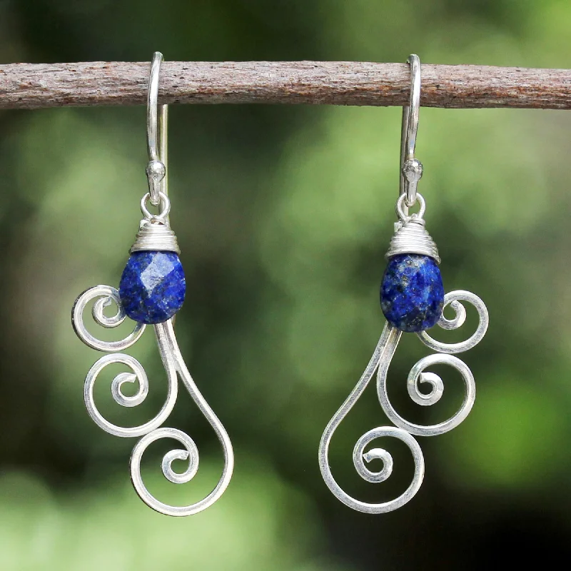 Lightweight hoop earrings for comfortable and all-day wear-Chiang Mai Dew Artisan Crafted Sterling Silver and Lapis Lazuli Earrings