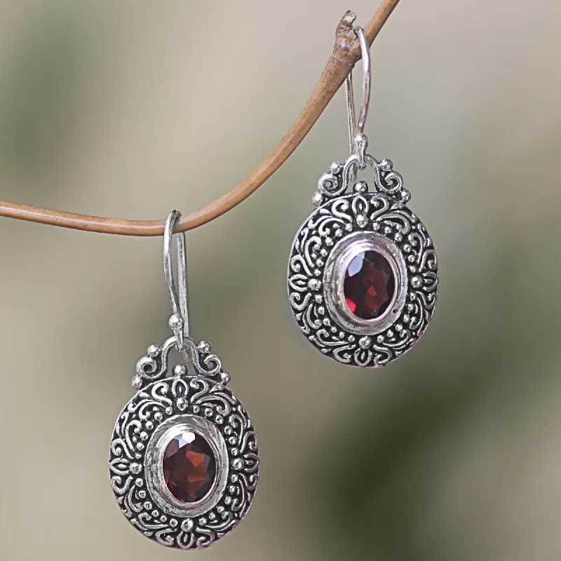 Hoop earrings with circle designs for a classic and timeless shape-Crimson Fables Sterling Silver Garnet Dangle Earrings Spiral Indonesia