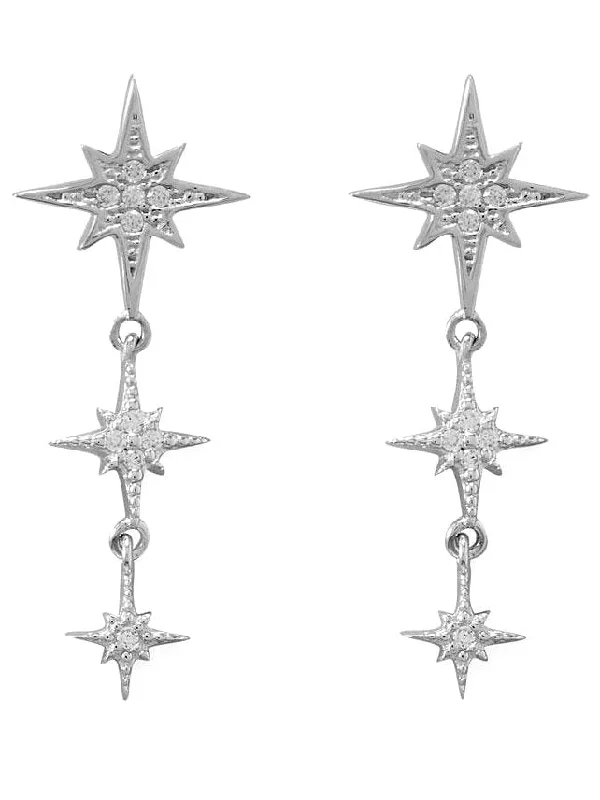 Hoop earrings with textured finishes for a vintage and classic style-Cubic Zirconia Dangle Triple Star Earrings Rhodium on Sterling Silver