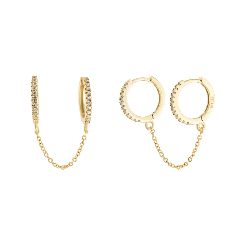 Hoop earrings with cut-out designs for a creative and lightweight effect-CZ Double Huggie Chain Earring