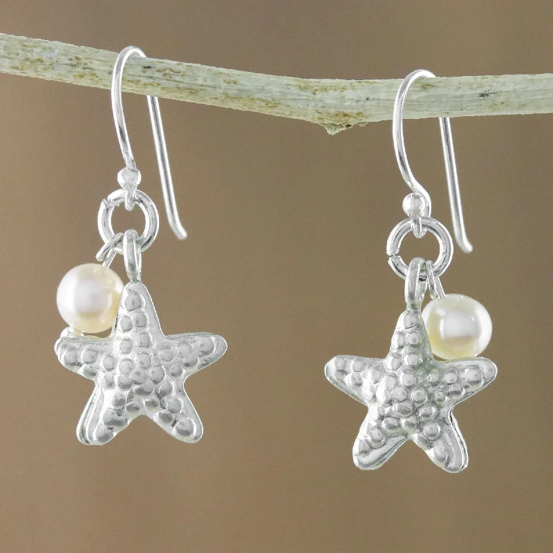 Best hoop earrings with gold-plated finishes for an affordable luxury vibe-Delightful Starfish Cultured Pearl and Silver Starfish Dangle Earrings