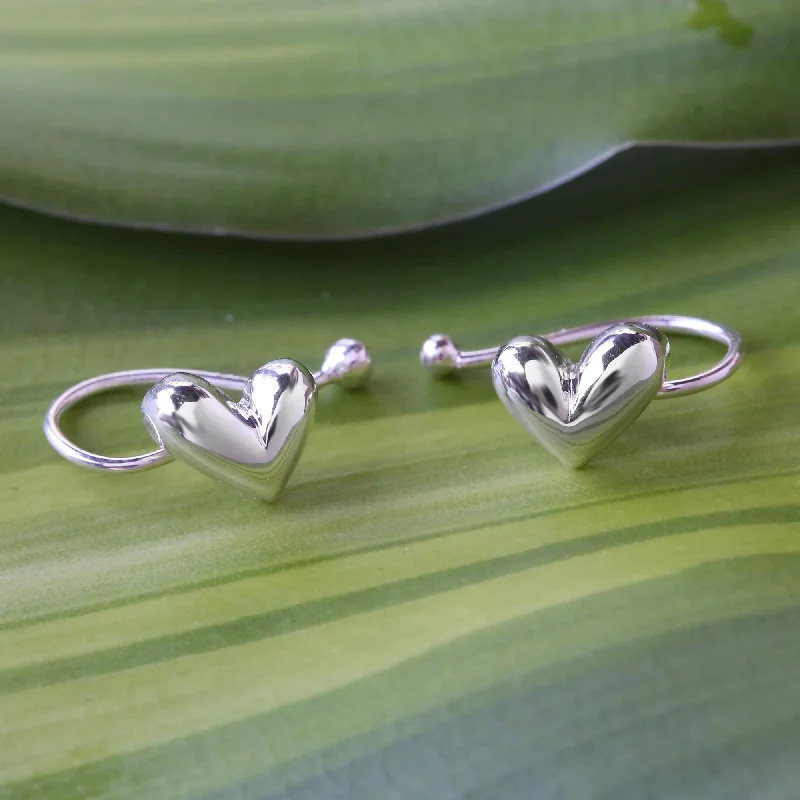 Hoop earrings with circle designs for a classic and timeless shape-Demure Hearts Sterling Silver Heart Ear Cuffs Artisan Crafted in Thailand