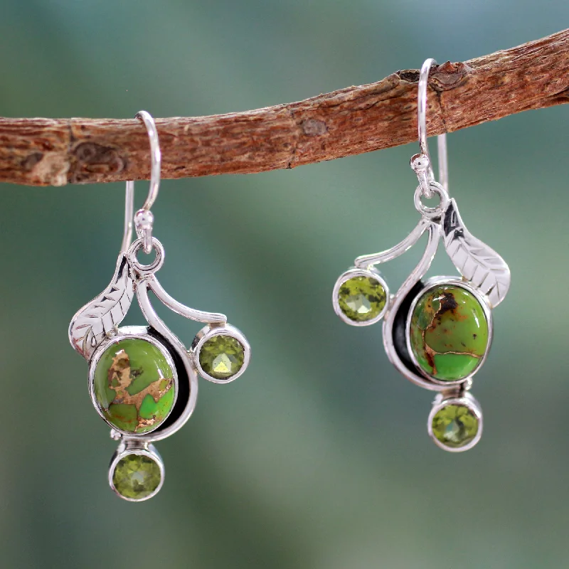 Hoop earrings with polished silver finish for a shiny, modern appeal-Dew Blossom Green Turquoise and Peridot Earrings from India