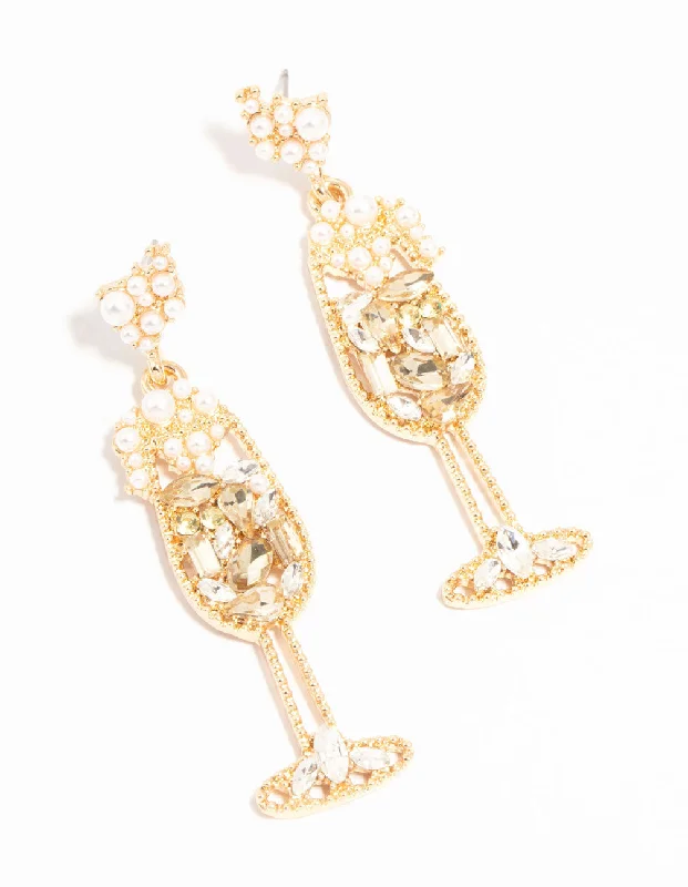 Hoop earrings with a matte finish for a sleek and sophisticated appearance-Diamante & Pearl Champagne Glass Earrings