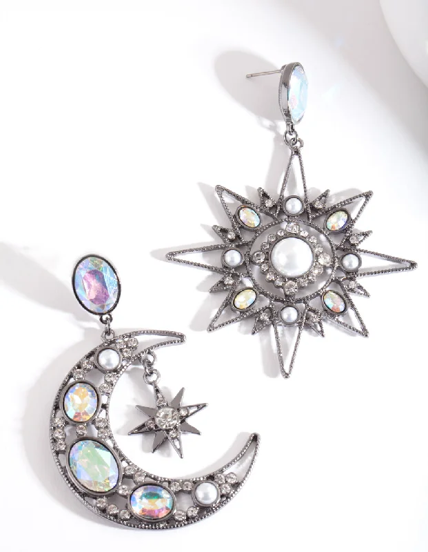 Best hoop earrings with geometric cuts for a sharp, modern appeal-Gunmetal Star & Moon Earrings