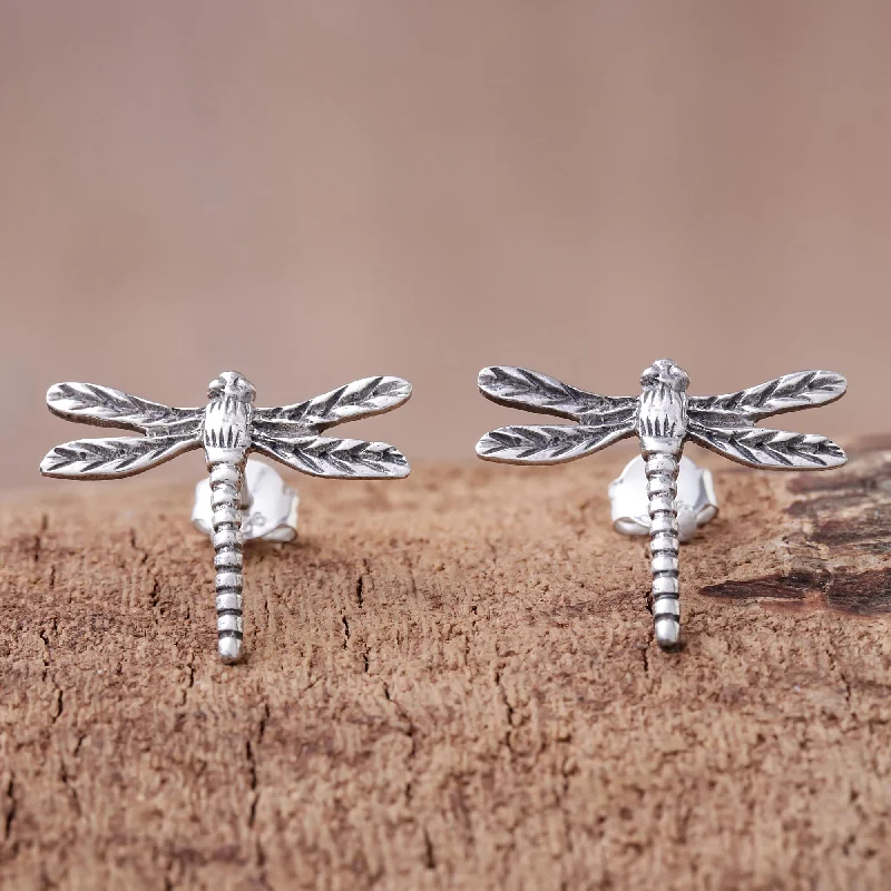 Best hoop earrings with angel wing accents for a spiritual and meaningful design-Dragonfly Buzz Sterling Silver Dragonfly Button Earrings from Thailand