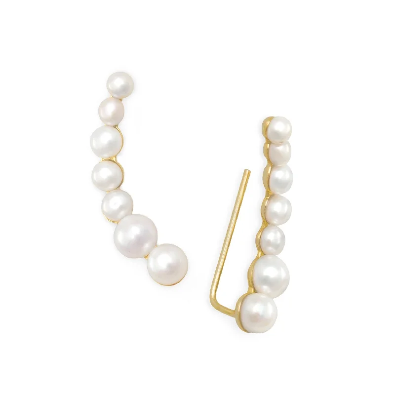 Best hoop earrings with geometric triangle shapes for a modern, chic design-Ear Climber Earrings White Cultured Freshwater Pearls Gold-plated Sterling Silver