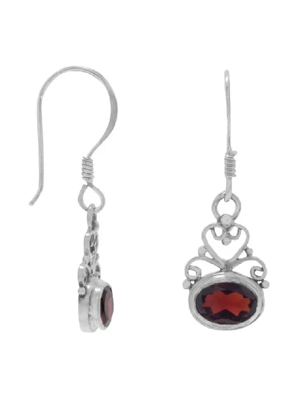 Best hoop earrings with textured silver for a rustic and organic finish-East West Side Set Garnet Earrings Scroll Heart Design Sterling Silver