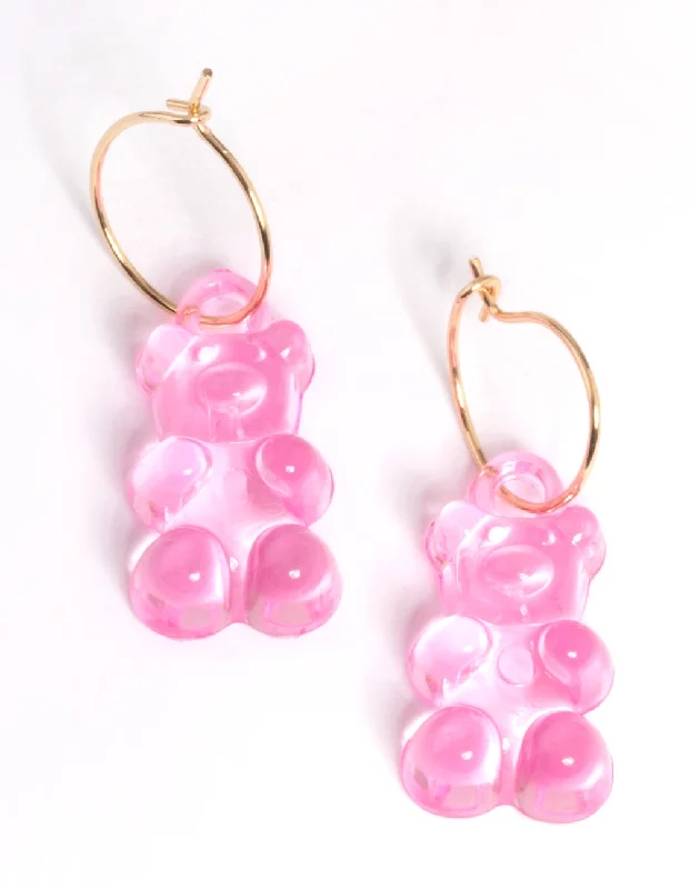 Best hoop earrings with Swarovski crystals for added sparkle and luxury-Pink Candy Bear Hoop Earrings