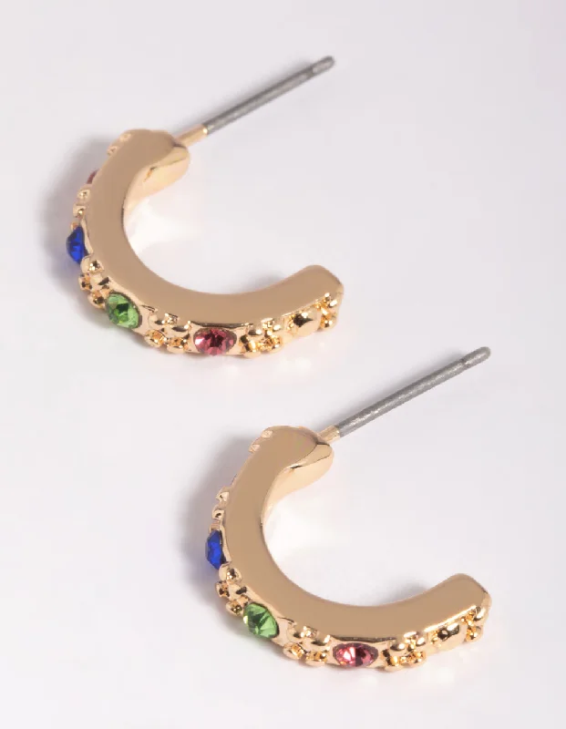 Hoop earrings with polished metal for a shiny and high-quality finish-Gold Diamante Huggie Hoop Earrings