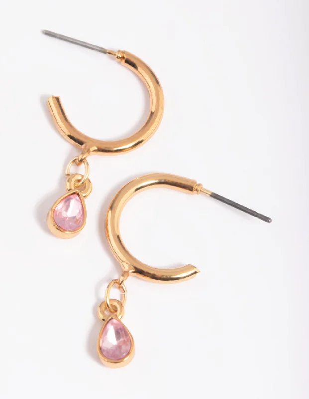 Best hoop earrings with floral designs for a feminine and delicate look-Gold Pink Stone Huggie Hoop Earrings