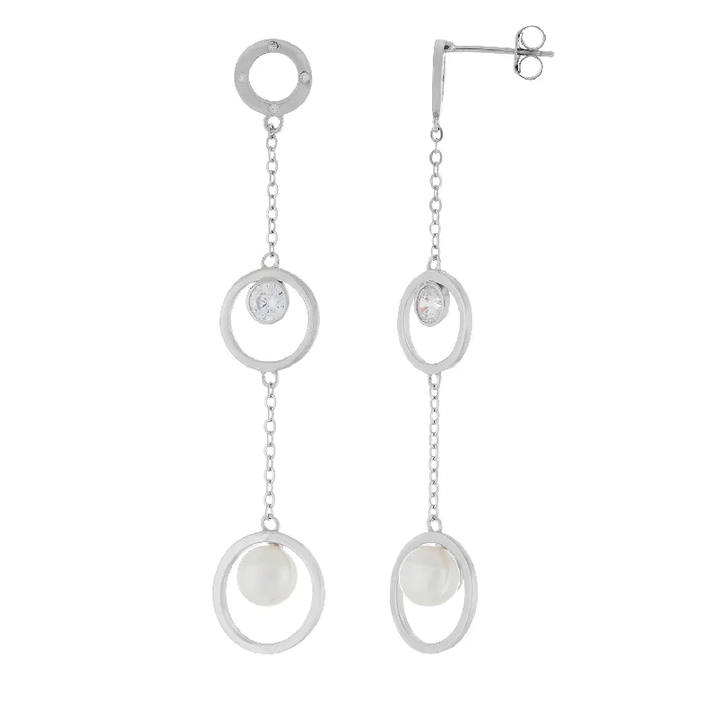 Best hoop earrings with baroque pearls for a luxurious and elegant vibe-Fancy Triple Stationed CZ 6-6.5mm Freshwater Pearl Earrings