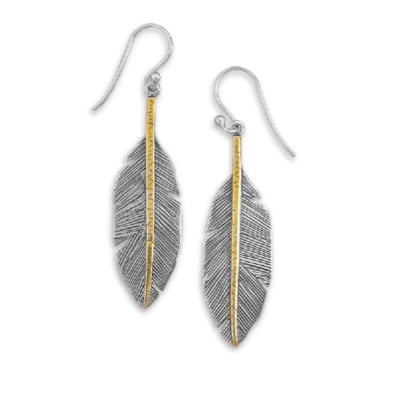 Best hoop earrings with tribal designs for a cultural and exotic aesthetic-Feather Earrings Two Tone Antique Finish Gold-plated Sterling Silver