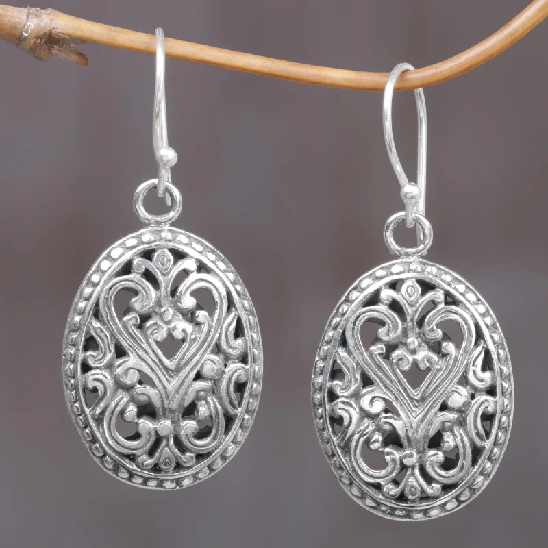 Best hoop earrings with oval shapes for a unique and elongated design-Fern Shield Round Sterling Silver Dangle Earrings from Indonesia